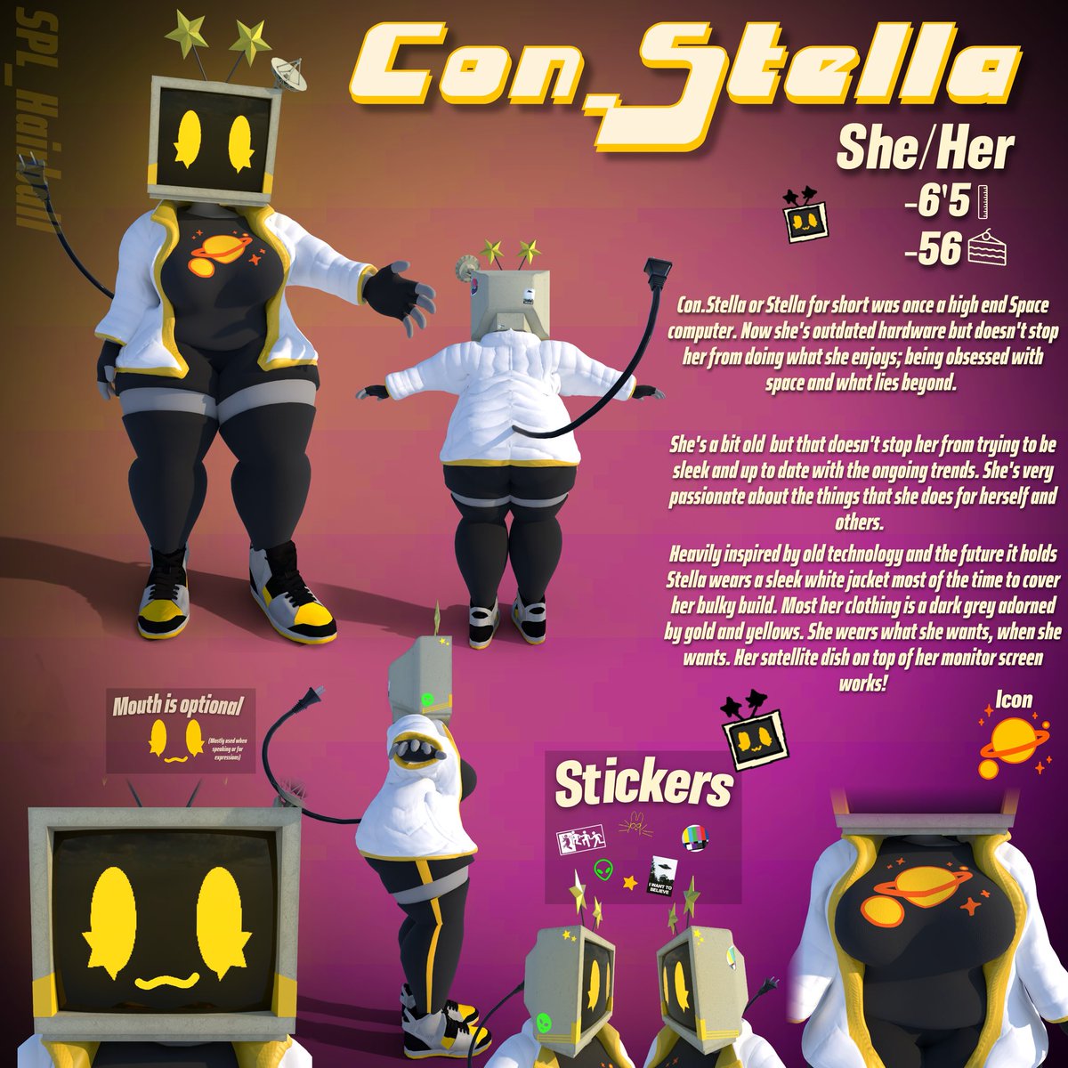 SPL_Hairball's tweet photo. Meet Con.Stella (Stella for short)

Stella is my newest properly finished OC. 
This 6’5’’ lady was once a high end computing device for a space agency. Now 56 years old she is still obsessed with space and what it holds…

Have any questions for Stella? Drop them here! https://t.co/PNi38pNMZ1