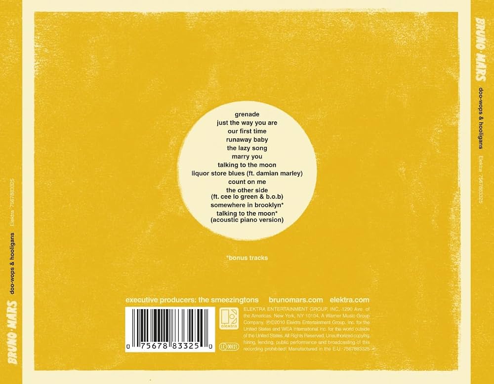 Genius's tweet photo. 16 years ago today, bruno mars released his debut album ‘doo-wops &amp; hooligans’ 💛🎶

the album gave bruno mars two no. 1 hits on the billboard hot 100 with “just the way you are” and “grenade”

what's your favorite song from the album? https://t.co/O63zVyvFyK