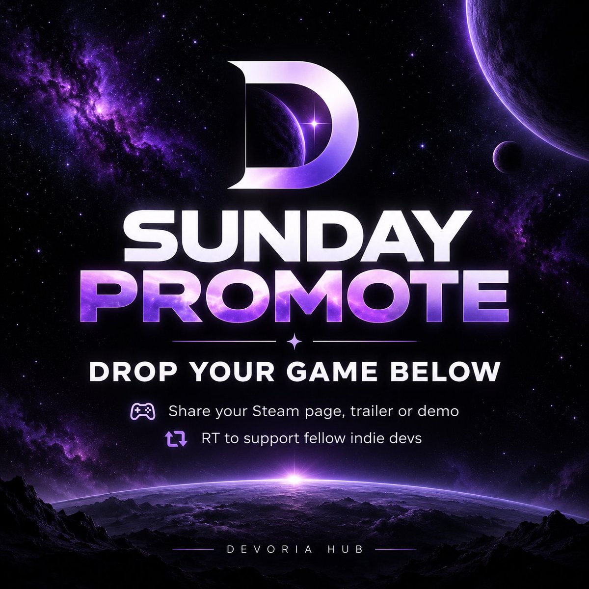 devoriahub's tweet photo. 🎮 SUNDAY INDIE PROMOTE THREAD

Drop your game below. 👇
Steam page, trailer, demo, GIF — whatever you want people to see.

❤️ Check out other indie games
🔁 RT the thread so more devs get discovered
🤝 Support at least one project you genuinely like

Let’s get everyone a few more wishlists before Monday.

Indies supporting indies. 💜

#IndieGame #IndieDev #GameDev #WishlistSunday