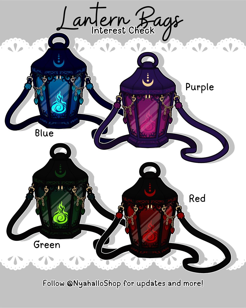 NyahalloShop's tweet photo. Lantern bag interest check! 🏮 

These fantastical bags are designed to look like lil glowing lanterns, they are completed with celestial moon details, ornate trim, hanging charms, and matching crossbody straps. The color options we’re considering are red, green, blue, and purple! 

QOTD: Which color out of the 4 bags is YOUR fave? This feedback is important so we know which color to release and which to not!! ���