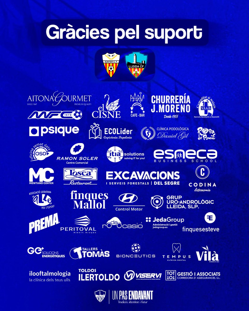LleidaCF's tweet photo. 🤝🏻 Gràcies a tots els patrocinadors que fan possible que aquest projecte continuï avançant.

Cada partit, al nostre costat.

💙 Gràcies per fer #UnPasEndavant amb nosaltres. https://t.co/wwWQgveiHF