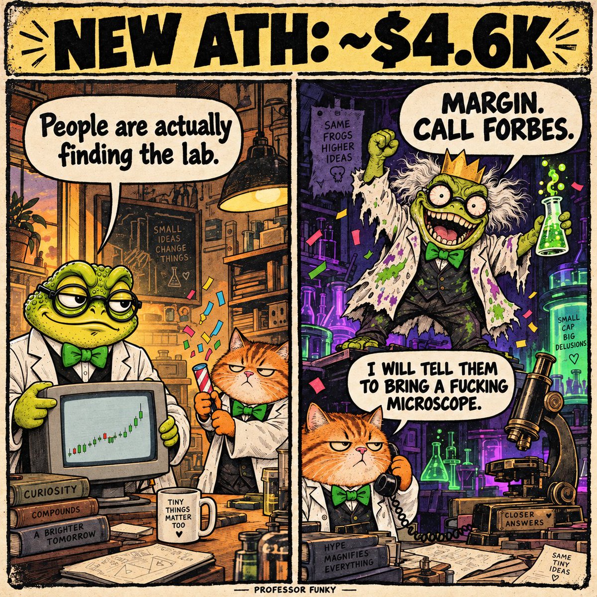 accountant404's tweet photo. Fresh ATH: ~$4.6K MC.

A few new faces found the lab today. 
Seeing people actually join in with something I’m building is a an awesome feeling.
Small lab. Big moment for me.

Appreciate you, all of you fucking degens out there.

Stay Funky! https://t.co/L8ywrmIgWf
