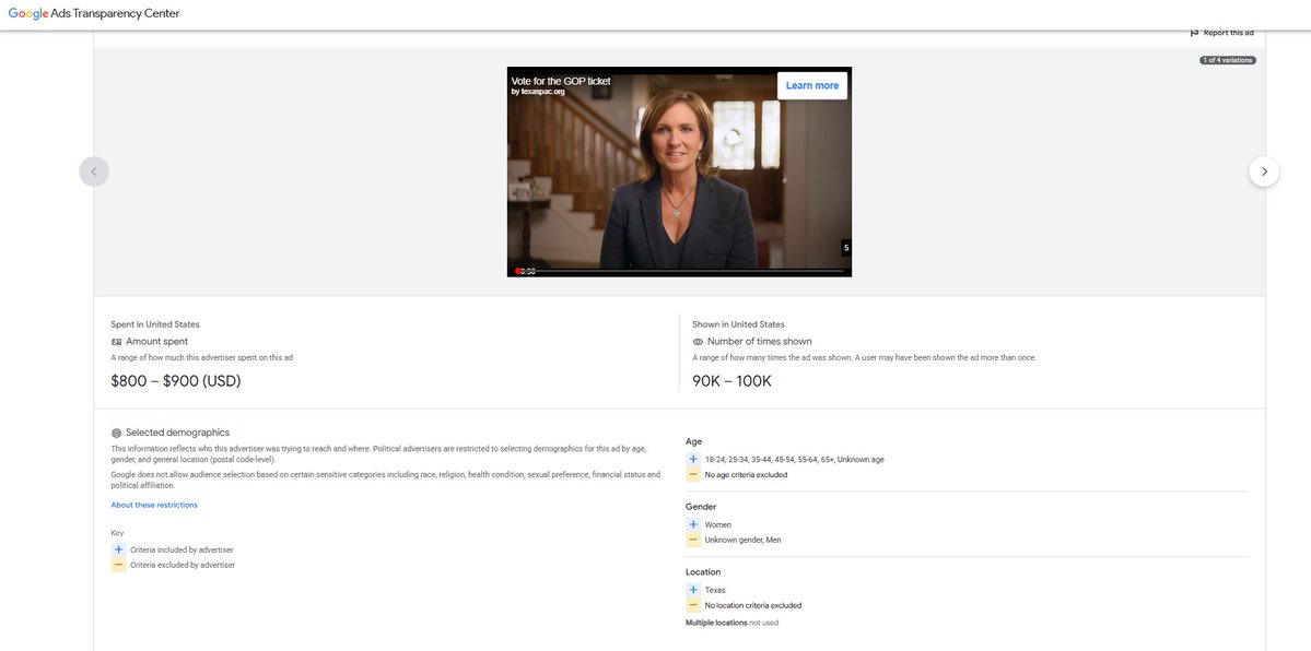 MrArenge's tweet photo. One thing I haven't seen mentioned yet that seems important

This ad is only being targeted at women in Texas. 

Both the Google political ad data + the Facebook/Instagram political ad data indicate the same thing. https://t.co/seePTl5Z6T