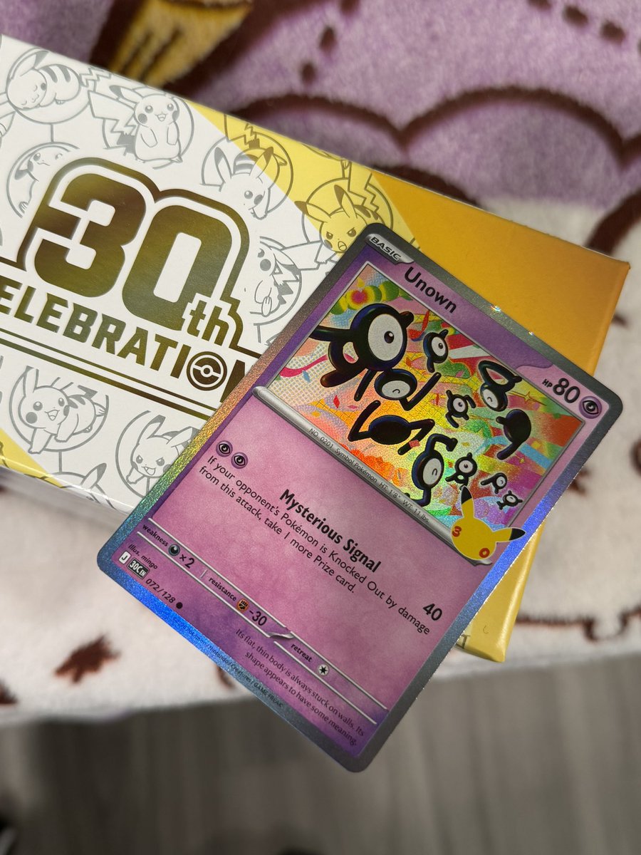 ciarupcollects's tweet photo. Such a cool card!! I’ve been loving the Pokemon 30th set so far!! Can you read what the Unown says? https://t.co/XqFnXSLleE