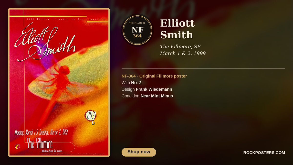 SFRockPosters's tweet photo. NF-364: Elliott Smith with No. 2, The Fillmore, SF, March 1 & 2, 1999. Original Fillmore poster designed by Frank Wiedemann, Near Mint Minus. https://t.co/VaJBdvblxy #ElliottSmith #TheFillmore #FillmorePoster https://t.co/3Uu9DgXWWx