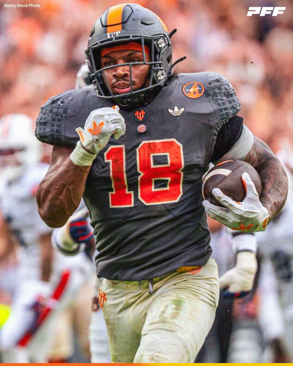 PFF_College's tweet photo. Tennessee RB DeSean Bishop | Ranks Among RBs in Week 5:

🟠 220 Rush Yards (1st)
🟠 140 Yards After Contact (3rd)
🟠 10 Missed Tackles Forced (1st)
🟠 6 Explosive Runs (3rd)

@Vol_Football https://t.co/iTcRaQSKbS