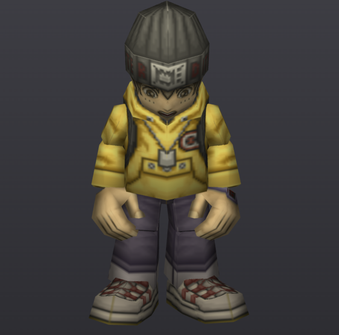 A 3D animated character model wearing a yellow jacket, dark cap, and sneakers stands against a dark blue background.