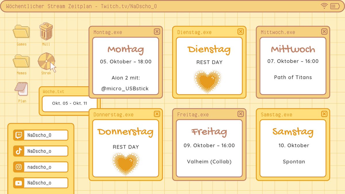 NaDscho_o's tweet photo. Streamplan für 05.10 - 11.10.26 (https://t.co/XuKfdXVWZX) #twitch #streamplan #Vtuberㅤ https://t.co/SczaiKG7NA