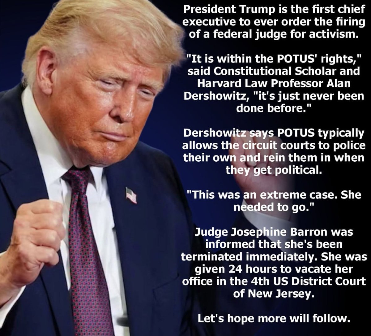 mcafeenew's tweet photo. 🚨PRESIDENT TRUMP IS THE FIRST CHIEF EXECUTIVE TO EVER ORDER THE FIRING OF A FEDERAL JUDGE FOR ACTIVISM!

🔗 https://t.co/urcsgK7nYm

“It is within the POTUS’ rights,” said Constitutional Scholar and Harvard Law Professor Alan Dershowitz, 
“it’s just never been done before.”

Dershowitz says POTUS typically allows the circuit courts to police their own and rein them in when they get political.

“This was an extreme case. She needed to go.”Judge Josephine Barron was informed that she’s been terminated immediately. She was given 24 hours to vacate her office in the 4th US District Court of New Jersey.

Let’s hope more will follow.

Share this everywhere so they see Trump just fired an activist judge and cleared her out in 24 hours!

Follow @mcafeenew for more drops.