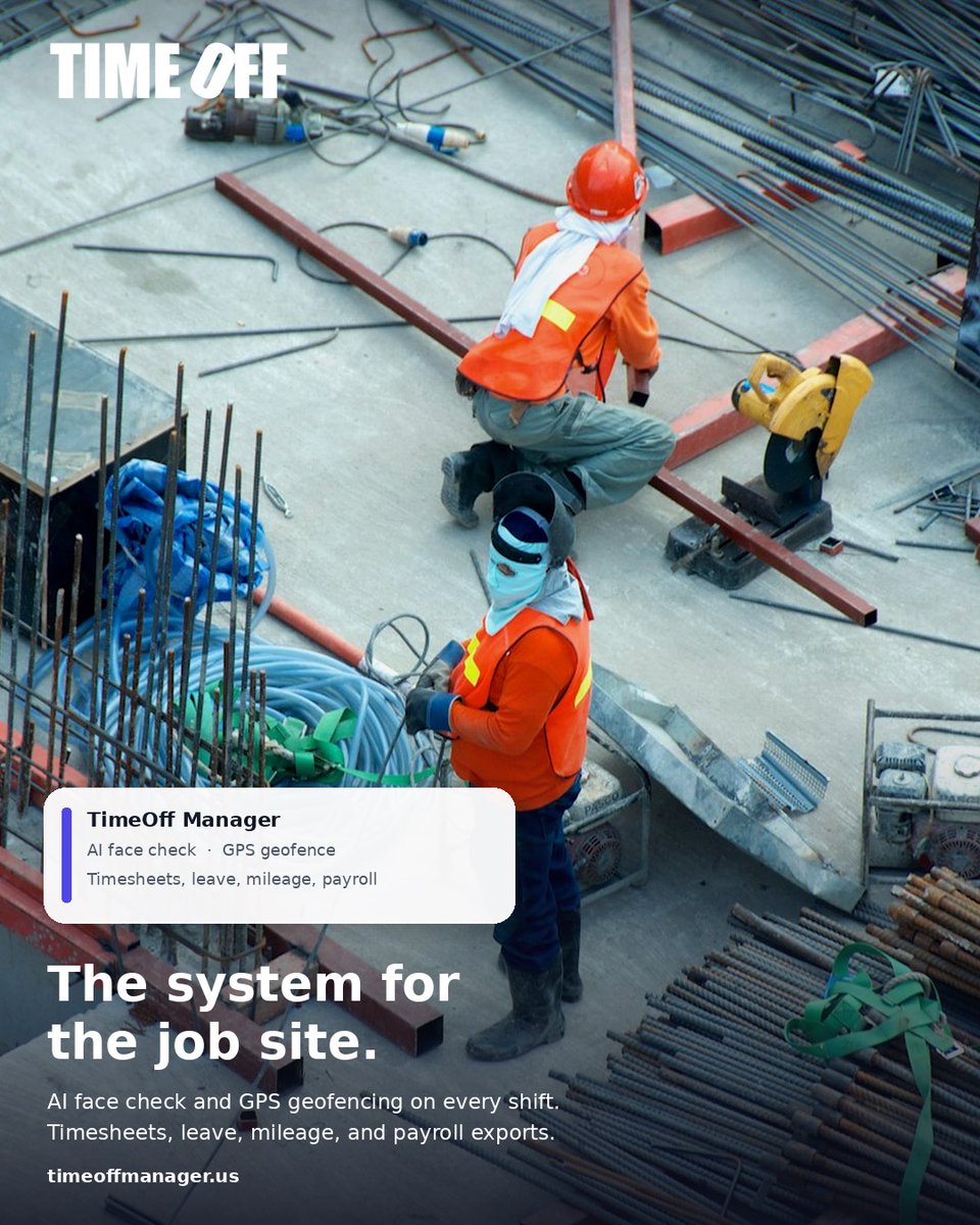 timeoffmanager's tweet photo. The job site, in one system. Time off and attendance for crews across sites, with a face check and a GPS fence on every shift. Timesheets, leave, mileage, and payroll exports stay with the crew.
https://t.co/Cn1hZUfZXH
#TimeOffManager #Construction #JobSite #TimeTracking #PTO #Geofence #Payroll #Crews