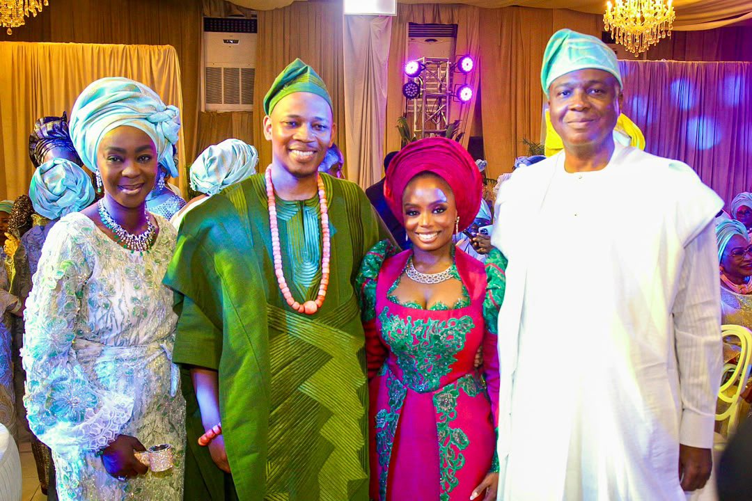 bukolasaraki's tweet photo. Yesterday, Toyin and I were in Lagos to share in the joy of our friends Mr and Mrs Babajide Coker, and Mr and Mrs Pius Uwomano Malaka, at the traditional wedding of their children, Temitope and Oghenemaro. https://t.co/0KgECrVff2