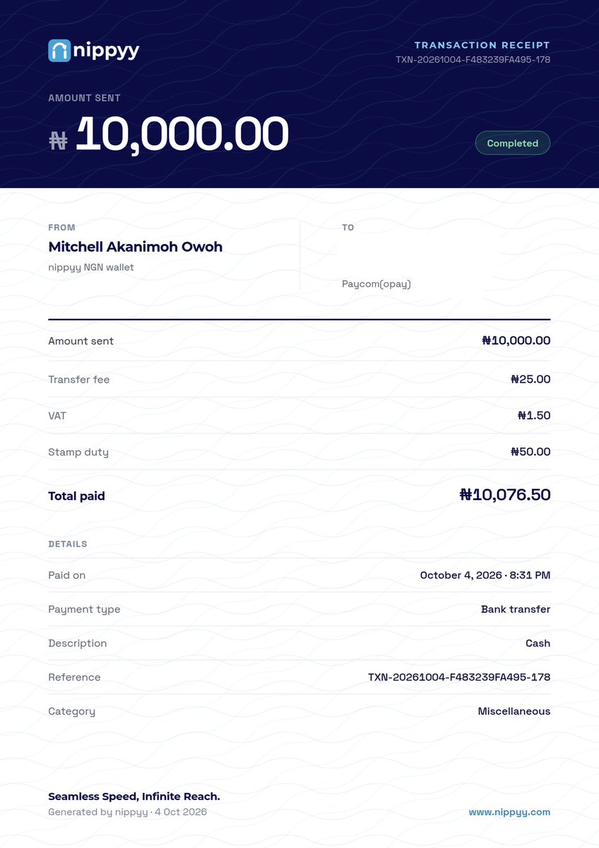 _mtchy_'s tweet photo. Nippyy has the best-looking receipt in Nigeria's fintech industry. https://t.co/wW9YSZWKEv