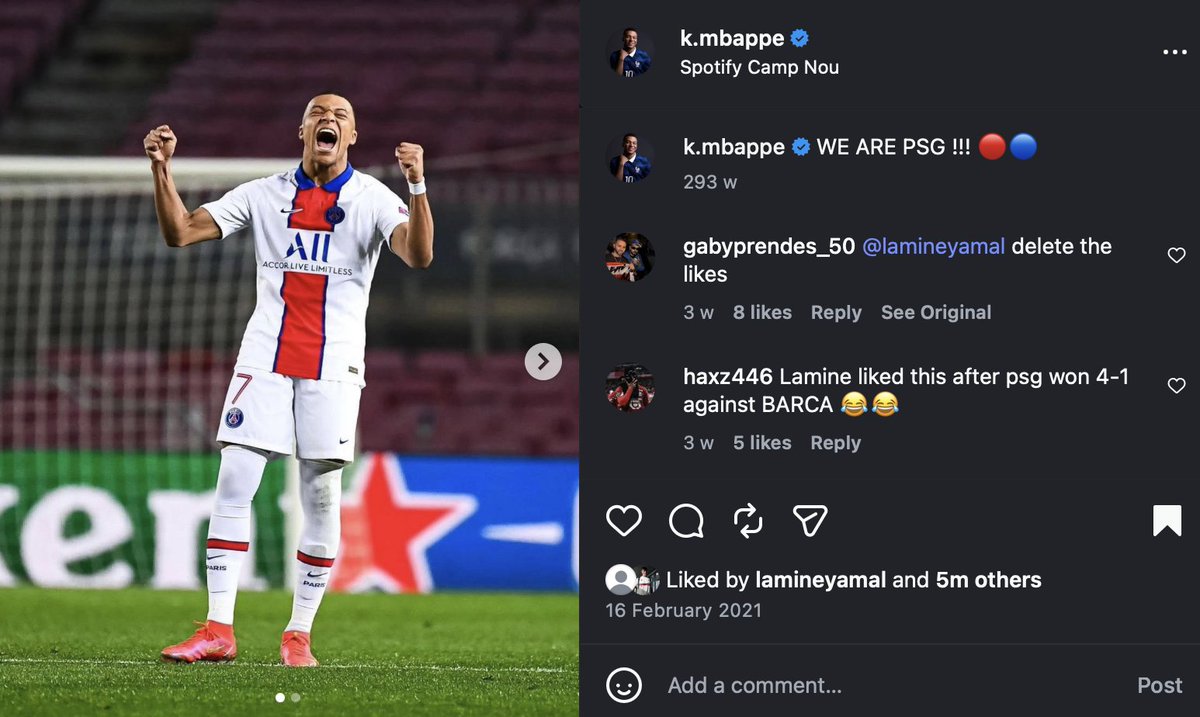 kyunonx's tweet photo. @ferminsrealwife i just dont get why culers hate on kylian when their idol fanboys him. plus this was him beating barcelona 4-1 with a hattrick and yamal still liked it https://t.co/9UyZNNcWUI