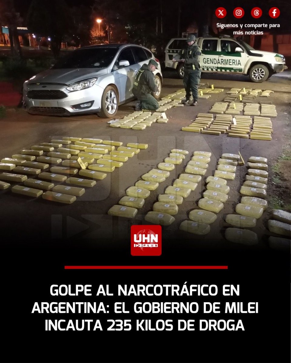 UHN_Plus's tweet photo. 🇦🇷‼️ | La Ministra de Seguridad de Argentina, Alejandra Monteoliva, confirmó que la Gendarmería Nacional incautó un vehículo robado con 235 kilos de droga en Misiones: en el marco del Plan Paraná, las fuerzas del gobierno de Javier Milei asestaron un duro golpe al narcotráfico transnacional, ratificando el compromiso inquebrantable de la administración liberal con el blindaje de las fronteras nacionales y el orden público.