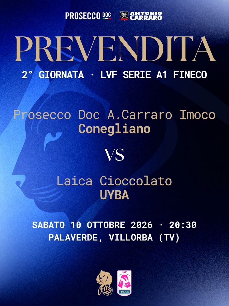 ImocoVolley's tweet photo. SABATO 10 OTTOBRE GIOCHIAMO IN CASA! 💛💙

🐆 Prosecco Doc A. Carraro Imoco Conegliano 🆚 Laica Cioccolato UYBA
📍 Palaverde · ore 20:30
🎟️ Biglietti da domani, lunedì 5 ottobre, alle 12:00
https://t.co/YcWiZdrJgs

#PantereDoc https://t.co/wHaDMaE1dk