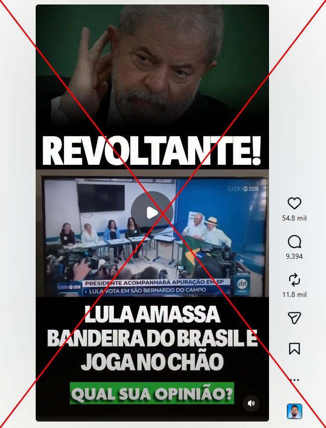 AfpChecamos's tweet photo. ❌ É falso que Lula tenha jogado a bandeira do Brasil no chão após votar em São Bernardo do Campo.

Registros do momento, incluindo foto da AFP, permitem ver que o mandatário entregou a bandeira a seu fotógrafo, Ricardo Stuckert.

Veja: https://t.co/qrGV4J2FcY https://t.co/uC6mqlu32K