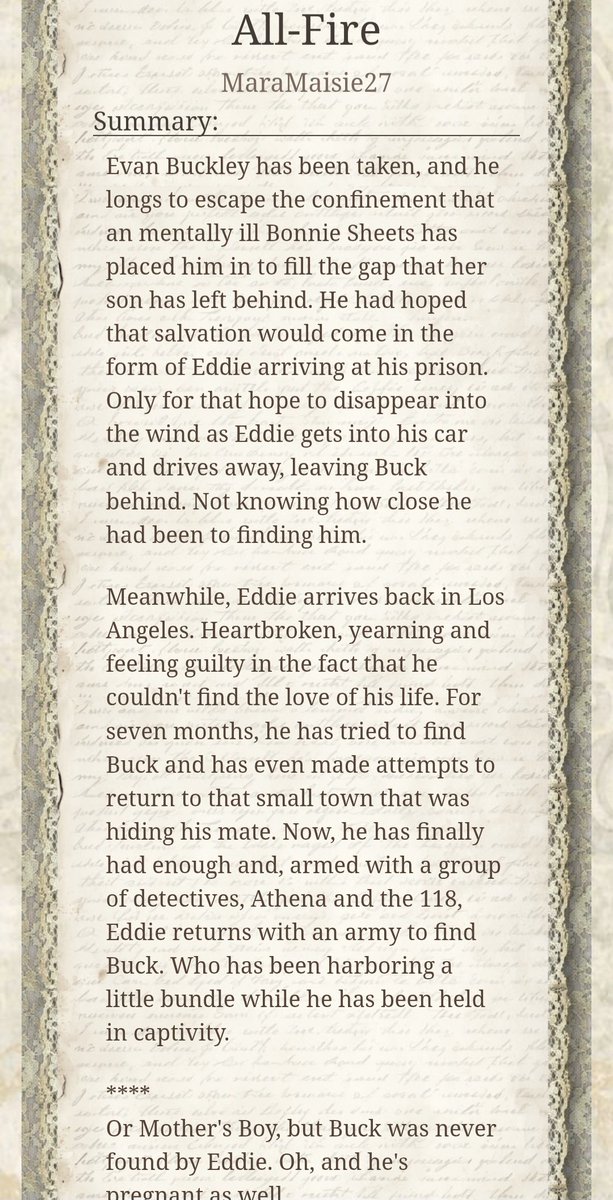 CloudLotus27's tweet photo. New Fic is ready!
🌼Mother's Boy, but Eddie never finds Buck.
🌼Buck finds out he's pregnant while being held by Bonnie and Earl.
🌼Buck fights his way and has a final girl moment
https://t.co/nzLgmQWLG8 https://t.co/DMsyCprW2f