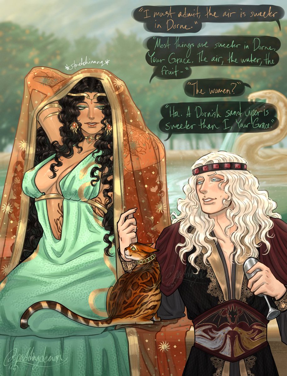 _Puddingdemon_'s tweet photo. ~The Viper, the Dragon, &amp; the Cat~
(OC: Merianna Martell x Daeron the Young Dragon)
#asoiaf #asoiafoc #daerontargaryen https://t.co/hQsYTXkA0Z