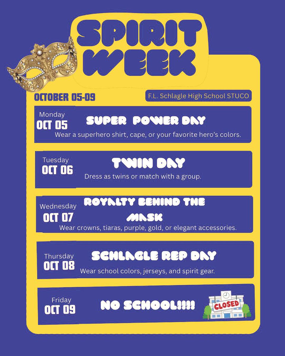 schlaglemedia's tweet photo. Be ready and participate in our spirit week!! October 5th through the 8th. Super Power Day, Decades Day, Twin Day, Schlagle Rep Day. #StallionPride #digitalstallions #schlagleunited https://t.co/P3ONpwSVYl