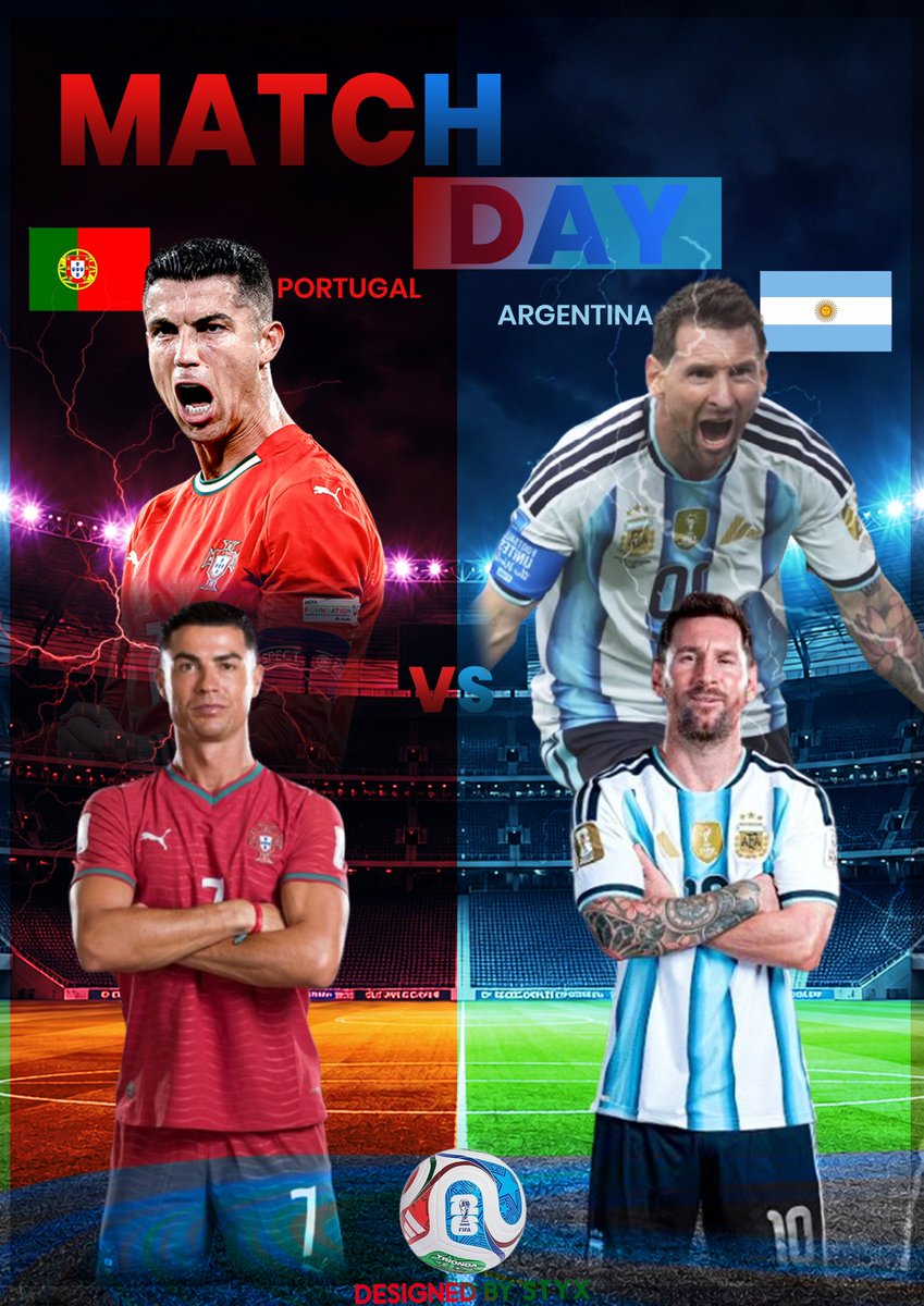 Samuel_styx's tweet photo. A World Cup-era concept I created just for fun. ⚽🔥
Portugal 🇵🇹 vs Argentina 🇦🇷 — CR7 vs Messi.
And yes… Ronaldo is my GOAT. 🐐🇵🇹
#STYX #FootballDesign #CR7 #Ronaldo #GraphicDesign https://t.co/1zuM9TT6pc