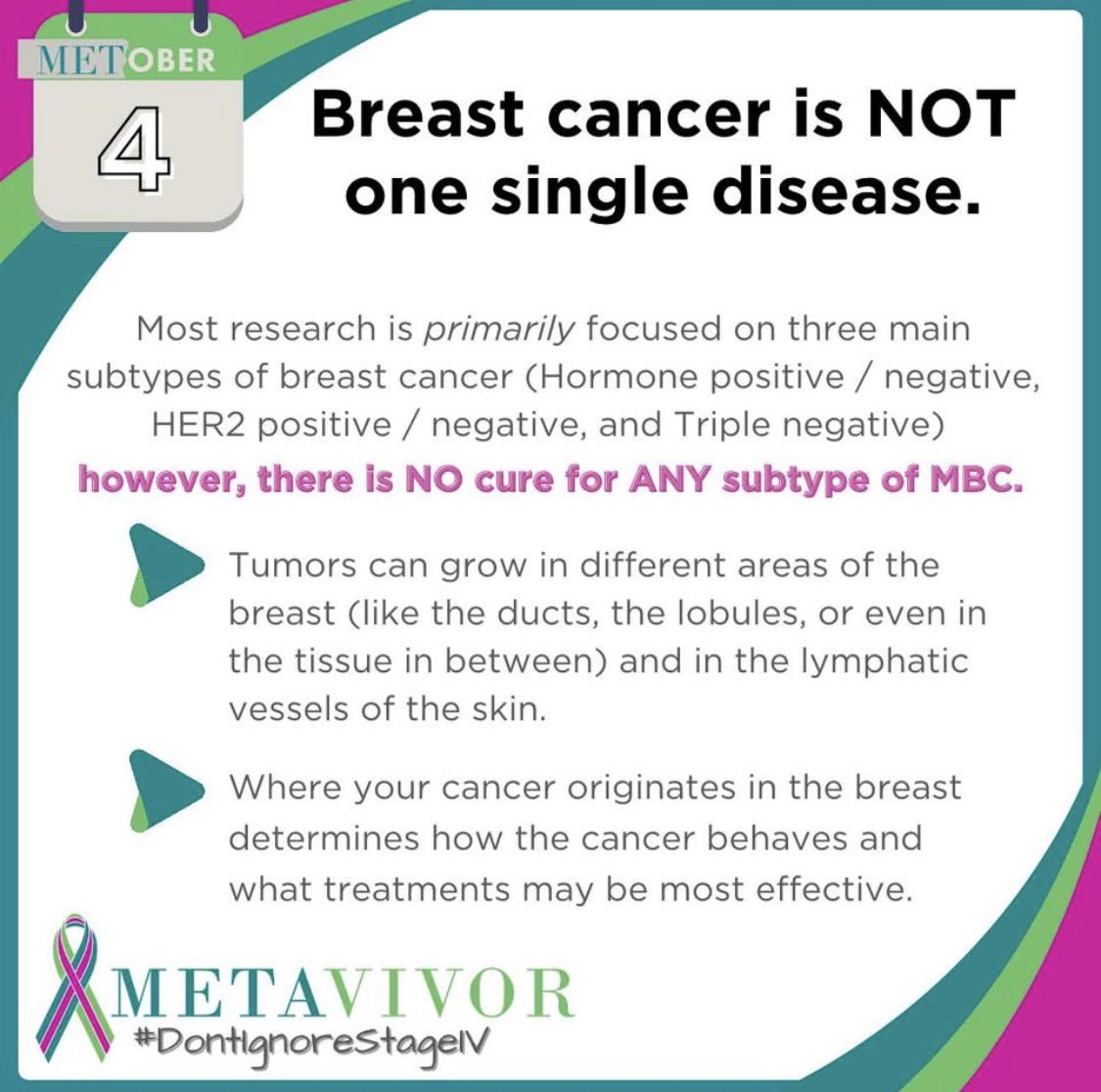 stage4kelly's tweet photo. Breast cancer is not a single entity; there are 3 major subtypes and even more molecular subtypes. 
All can metastasize. They can mutate and switch from one to another (I have at least 2 now, after almost 13 years)

MBC is complex. Research saves lives. Don’t ignore stage IV. https://t.co/uAAo1FRzHj