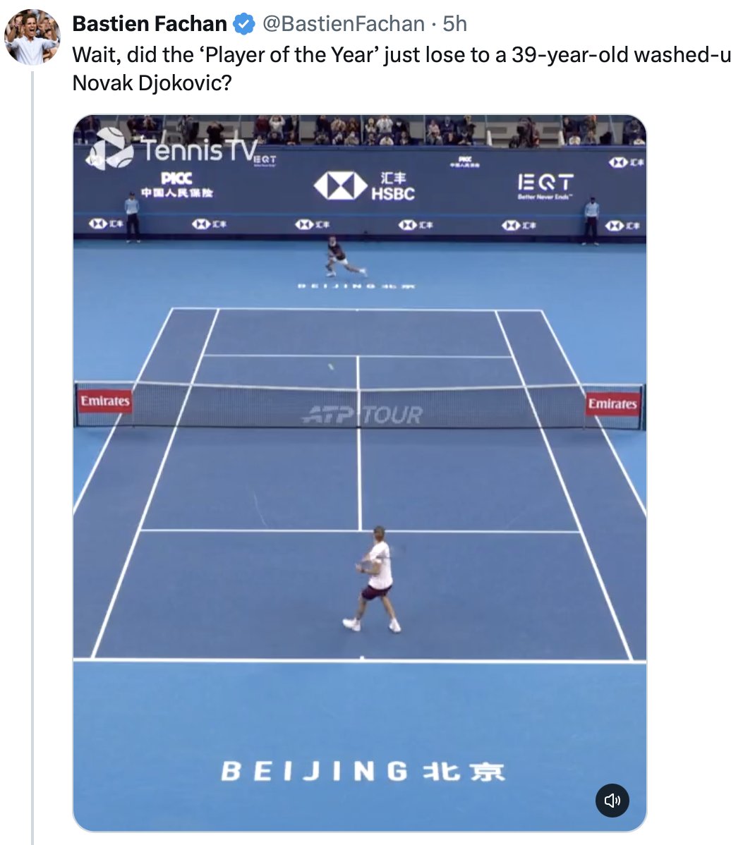 DjokovicFan_'s tweet photo. We had just seen Djokovic playing at a top-3 level, and the only thing he had to say about the match was to disrespect both players — Zverev for losing and Novak for being 39.

Tennis journalism is truly in the pits. https://t.co/awfxfbzjdH