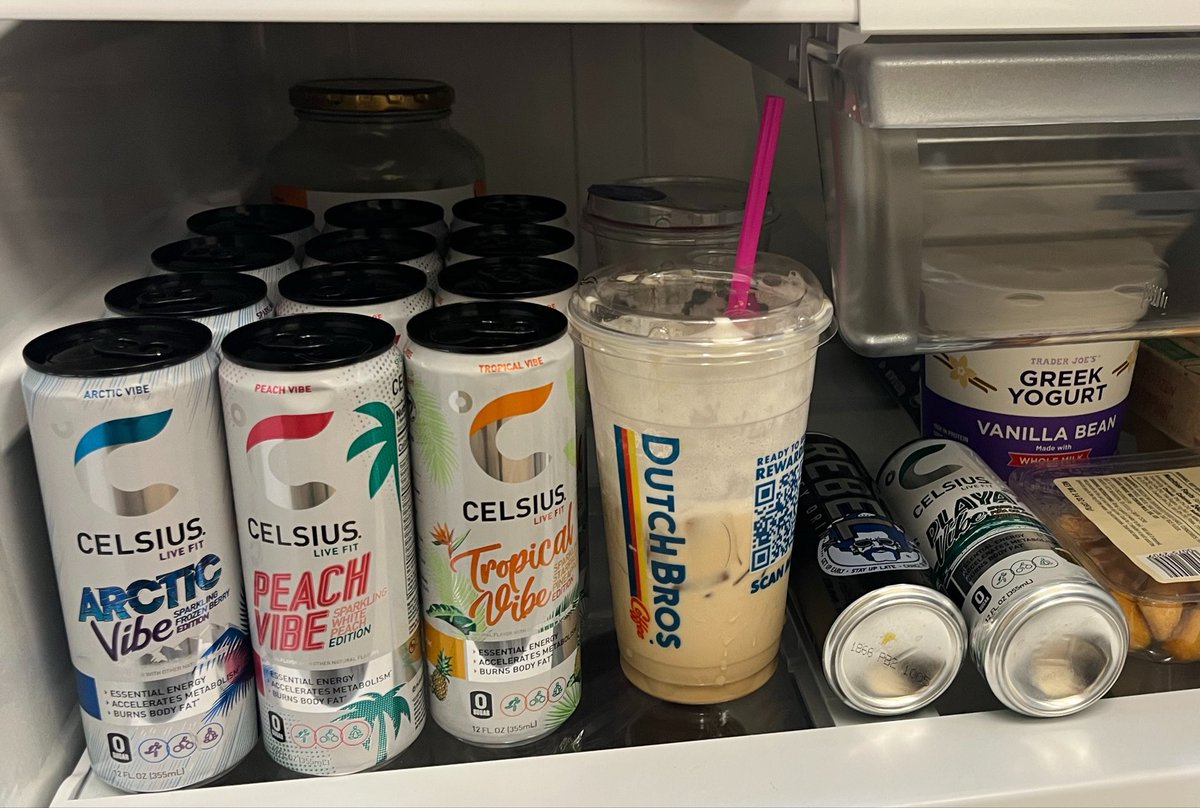 mxmimix's tweet photo. making my return to #edrtwt to show off my shelf in the fridge bc it made me laugh. i love celsius 🥹🥹 do u guys have a fav energy drink? https://t.co/3be1ijbyWI