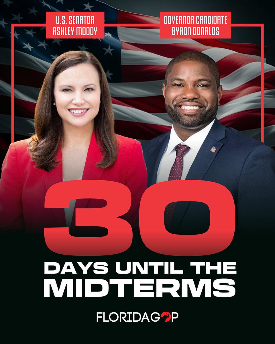 FloridaGOP's tweet photo. The countdown is on: 30 days until the midterms! 🇺🇸

Between now and Election Day, here's how you can help: 
✅ Check your voter registration ✅ Request your mail ballot or make a plan to vote early ✅ Volunteer and knock doors ✅ Talk to your neighbors and friends https://t.co/iii2HB1wdz
