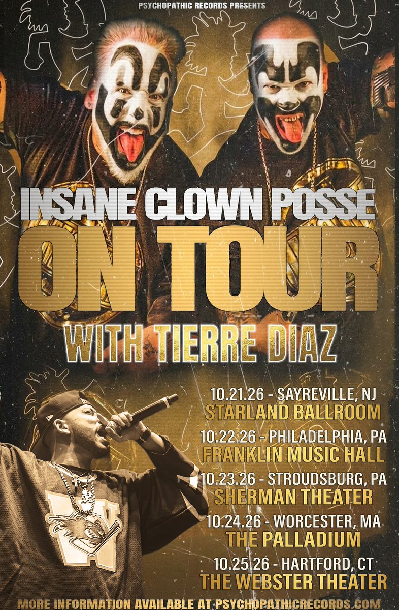 tierrediaz's tweet photo. Hitting the road with the homies ICP this month! 🔥🪓
I can't wait to body these stages, rock these crowds and have some fun with yall. 🙏🏽
508 I see you 👀 🫡
Who's popping up to ones of these shows!!?? LMK 👇🏽
@icp
#icp #insaneclownposse #juggalo #tour #juggalos https://t.co/4LBUvKhXfl