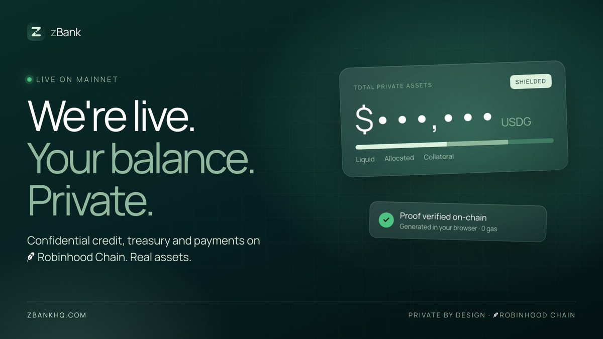zbankfinance's tweet photo. We're live on Robinhood Chain mainnet.

CA: 0x76126e1916c161f1db4a574943c0e4de6e96c19a

Your balance. Private.

https://t.co/NY9WKTQCBf https://t.co/OlwoxpzC5G