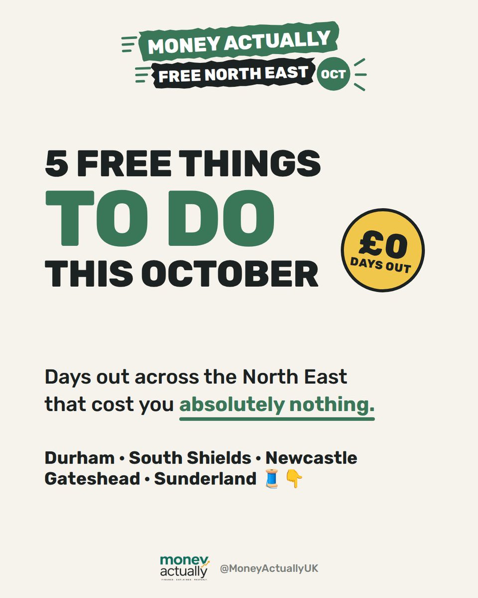 MoneyActuallyUK's tweet photo. 5 FREE things to do in the North East this October 🍂 £0 days out across Durham, South Shields, Newcastle, Gateshead and Sunderland 🧵👇
#northeast #budget #daysout https://t.co/ftz7bDNscF