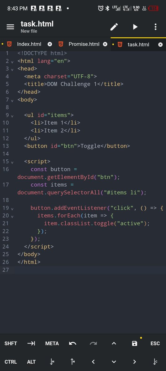 AchirKelvin78's tweet photo. Day 10-100 of days of coding.
Write a JS event listener on btn. When clicked, select all <li> elements inside items and toggle the CSS class "active" on each one.
Here's the code and the output. https://t.co/58H8Y5RfK9