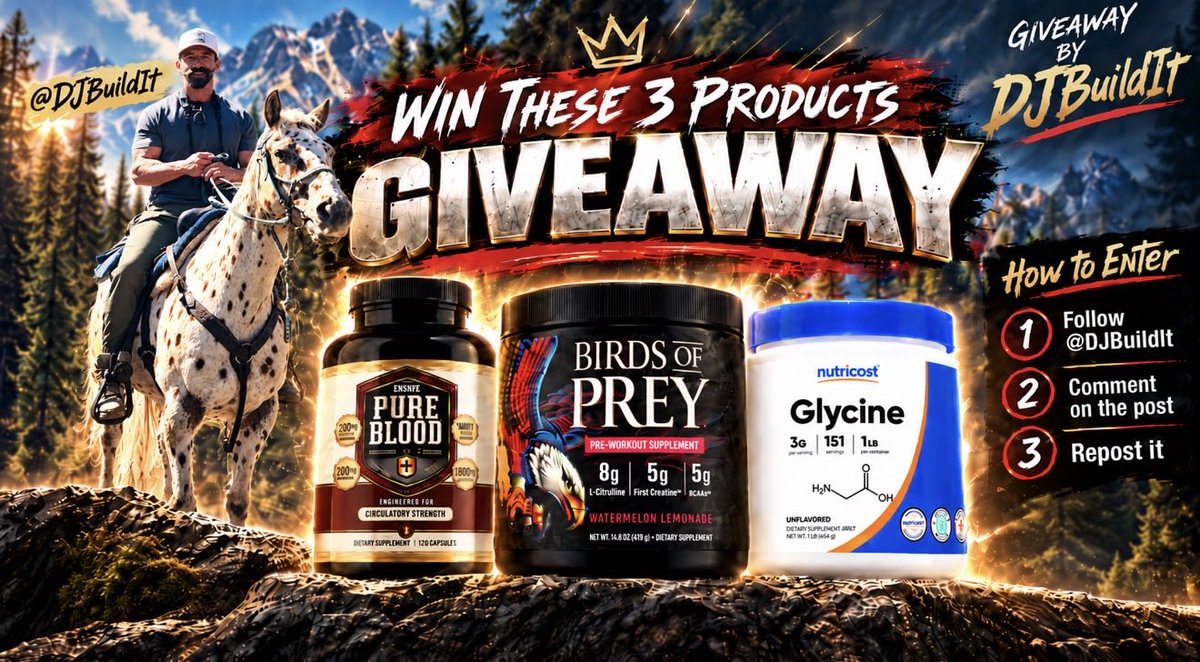 DJBuildIt's tweet photo. I’ve been feeling extra blessed lately to be spending time in Hawaii and Canada, so I want to pay it back a little and do a giveaway for the FitX homies

Up for grabs are 3 amazing products

Cleanform Nutrition PureBlood
Cleanform Nutrition Birds of Prey Stimfree Preworkout
Nutricost Glycine Powder (1lb)

I don’t have any affiliation with either of these companies, I just think that everyone could benefit from using these, and want to spread some love. 

Rules:

Be following me, comment below, and repost this. One entry per person. 

I’ll select 3 winners ~48 hours from now and get the orders placed shortly after getting addresses.