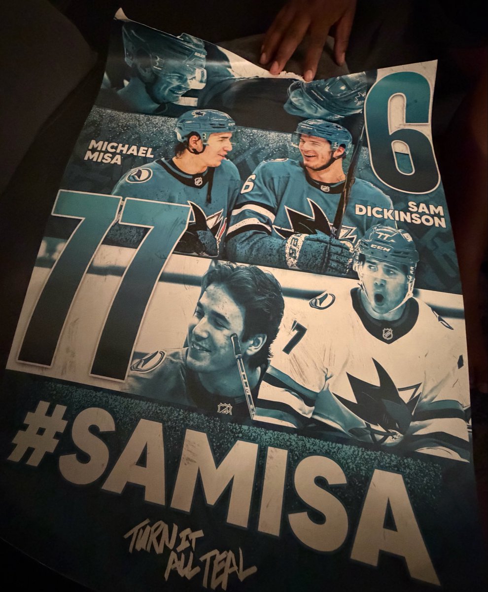 _nhlsharks's tweet photo. Giving away TWO (2) #Samisa posters from last nights game!!!!!! Just RT this tweet, follow me, tell me your all time favorite Shark and I’ll pick 2 winners on Thursday during the Sharks/Blues game! #TurnItAllTeal https://t.co/Mec2Grwfht