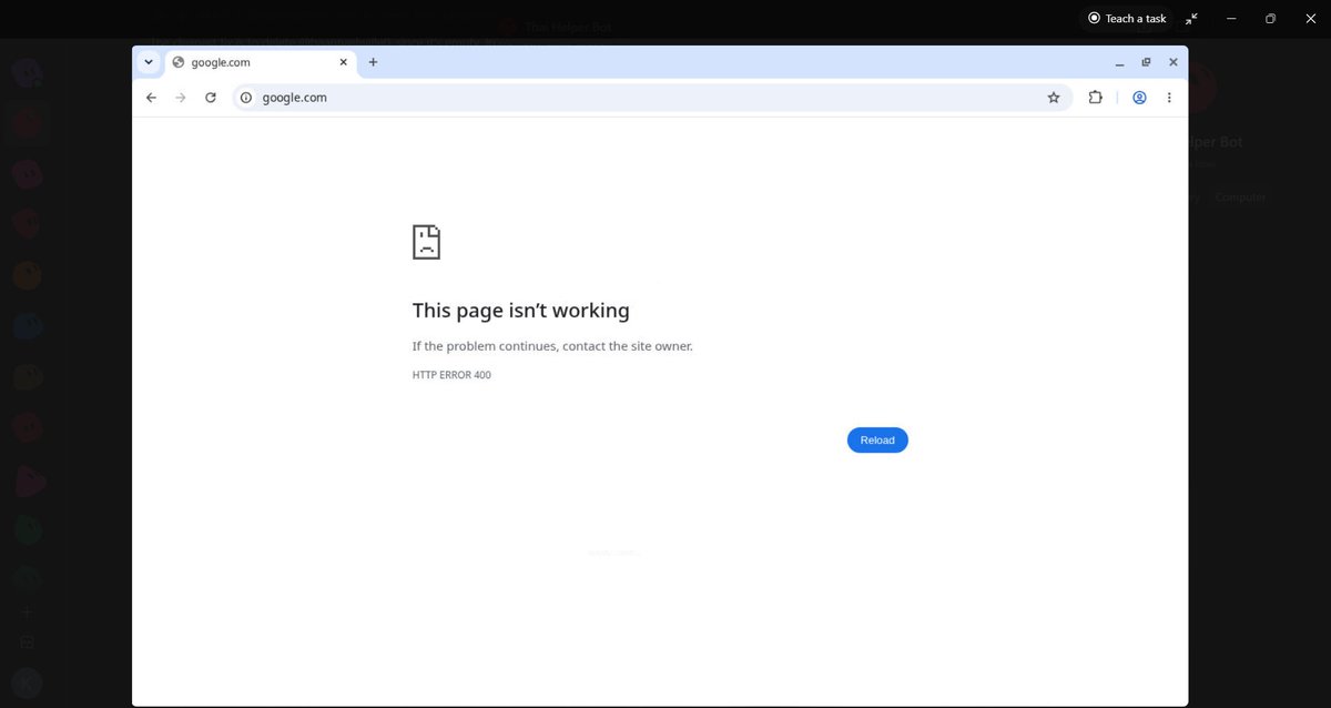 blinkmuted's tweet photo. @bot For the past few days, Grok Bot can't connect to Google in it's Chrome browser, tried Update Computer and Reset Computer, works sometimes. It can run tasks that need linked to Google Accounts. Any help? https://t.co/MQenUAGXYY