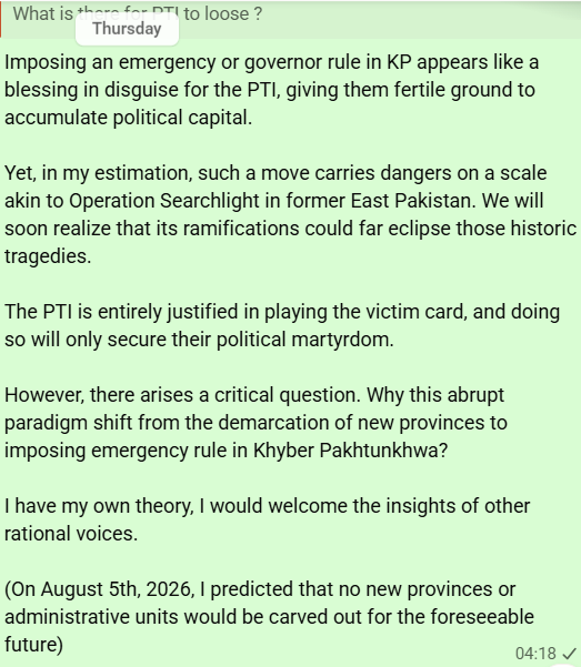 hsawan's tweet photo. Imposing an emergency/governor rule in KP appears like a blessing in disguise for #PTI, giving them fertile ground to accumulate political capital. Yet, in my estimation, such a move carries dangers on a scale akin to #OperationSearchlight in former #EastPakistan. 01/03 https://t.co/6iDLodTRSC