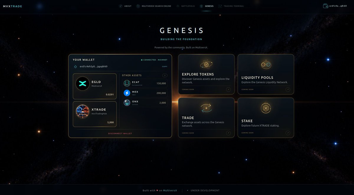 MvXTradeApp's tweet photo. ⚡ MVXTrade — GENESIS PHASE. Development is underway.
@MultiversX Mainnet.
Assets detected.
Wallet connected.
The next pieces are coming together.
🔎 Explore Tokens
💧 Liquidity Pools
⚡ Trade
🔒 Stake
One asset at a time.
One pool at a time.
One integration at a time.
This is where the MVXTrade ecosystem begins.
And what you see today is only the beginning. 👀
Genesis is unfolding. ⚡
https://t.co/ehjUMgS47N
elrond-erd-2:native $XTRADE #MultiversX #MVXTrade