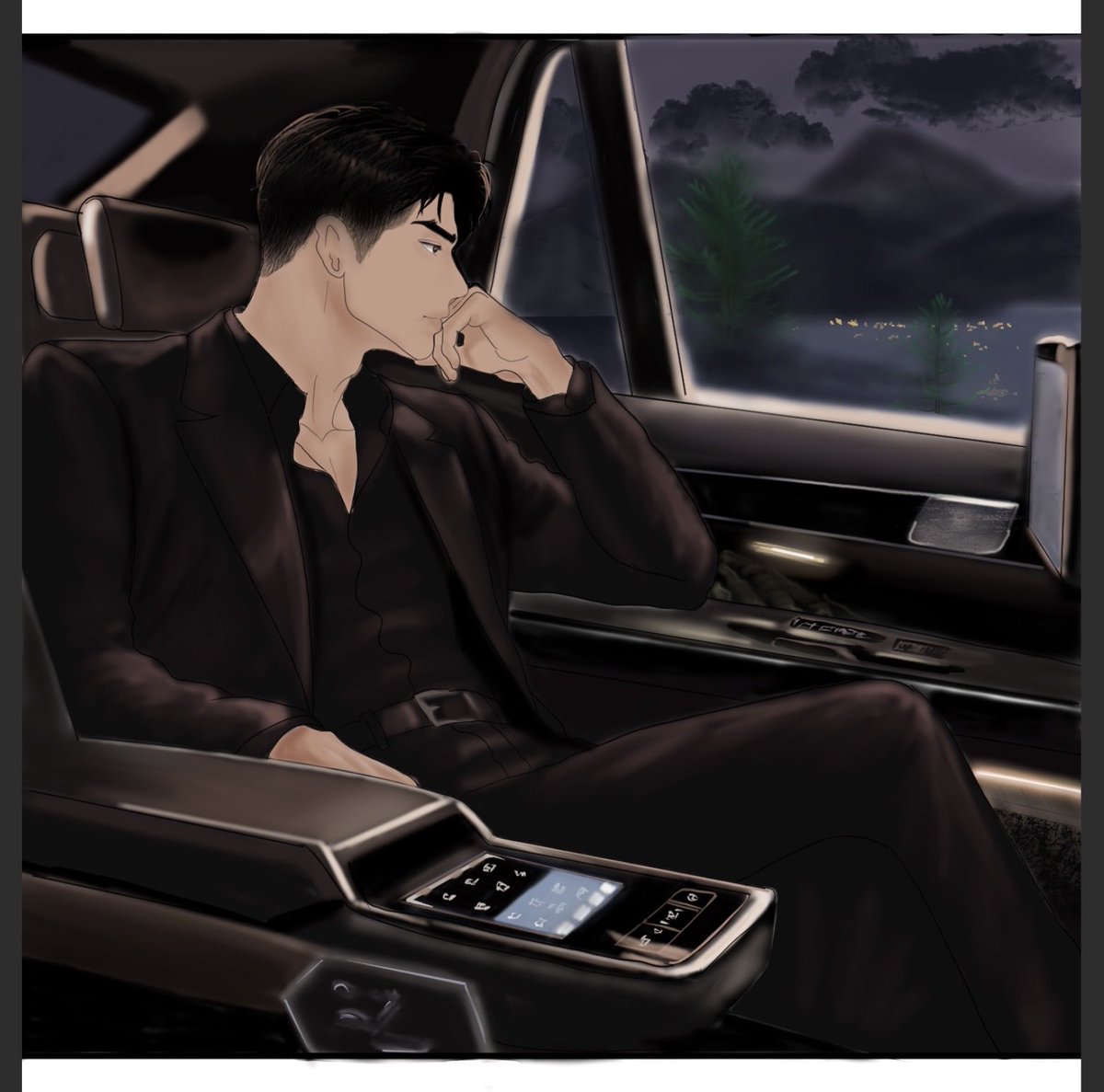 Keielart's tweet photo. A quiet moment during a long night.
Lee Yeon from The Shadow of the Crown.
I paid special attention to the car interior details to make the scene feel more realistic and alive. https://t.co/OeyzgUMk9H