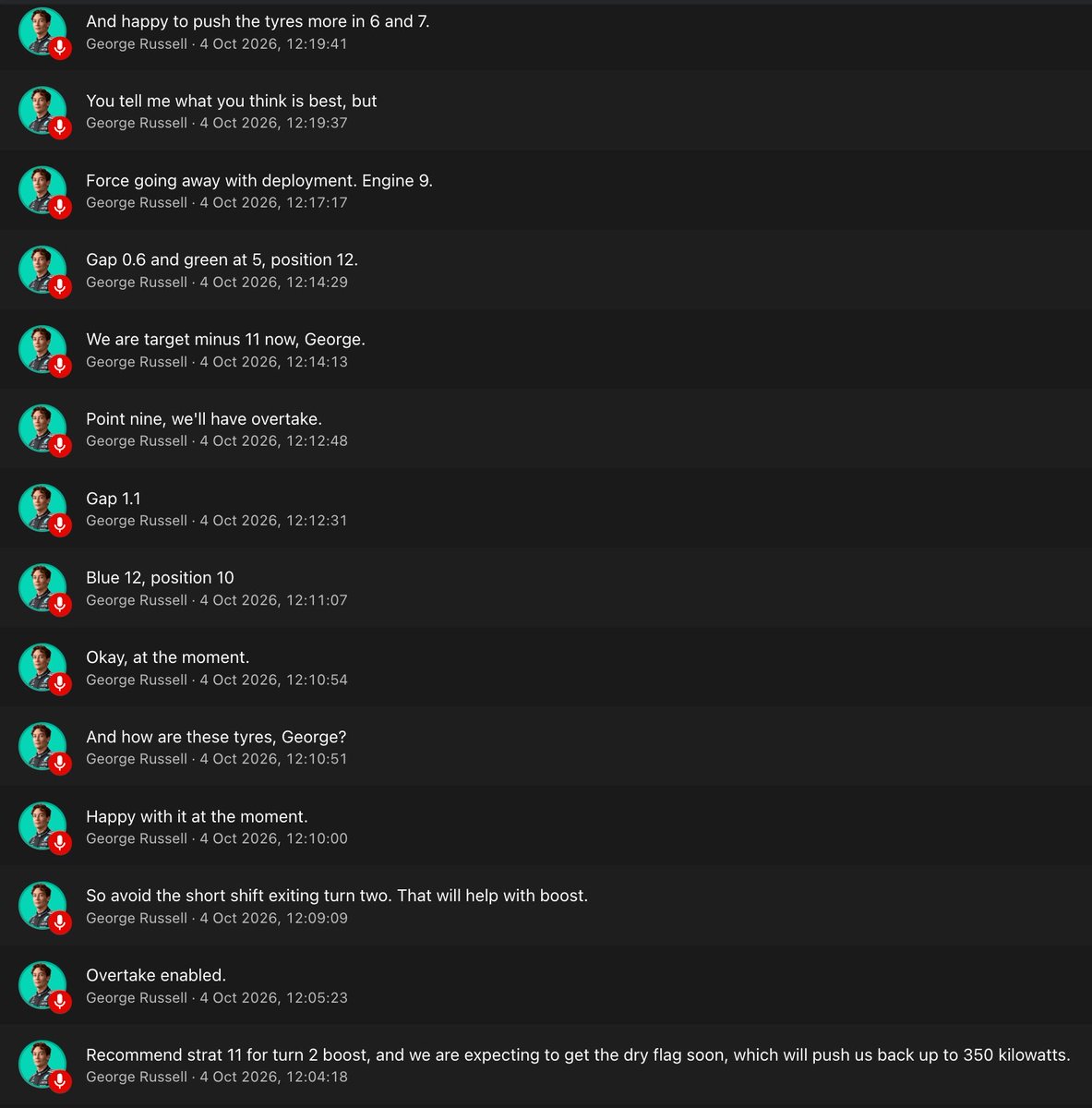 grdivasector's tweet photo. Since F1 apparently didn’t think any of George’s complaints about the car were worth showing on the broadcast, here you go. Sepang 2026 

“Deployment is terrible”

“Force going away with deployment. Engine 9”

“Low speed oversteer, high speed oversteer”

“Okay, but you’re telling me to push the tyres more in high speed. Let me know what you want.”

“Pressure’s not good”

“Check PU, something feels weird. Too much engine braking. PU hot. I think PU’s broken.”

a few seconds later:

“So stop and switch off”

But sure none of that was worth showing