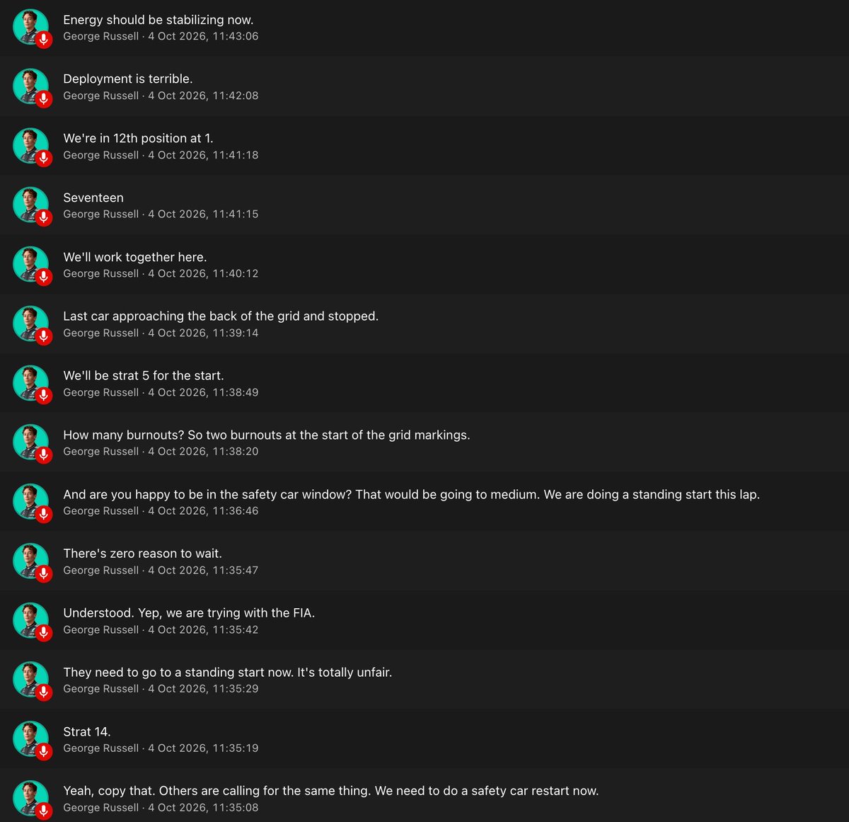 grdivasector's tweet photo. Since F1 apparently didn’t think any of George’s complaints about the car were worth showing on the broadcast, here you go. Sepang 2026 

“Deployment is terrible”

“Force going away with deployment. Engine 9”

“Low speed oversteer, high speed oversteer”

“Okay, but you’re telling me to push the tyres more in high speed. Let me know what you want.”

“Pressure’s not good”

“Check PU, something feels weird. Too much engine braking. PU hot. I think PU’s broken.”

a few seconds later:

“So stop and switch off”

But sure none of that was worth showing