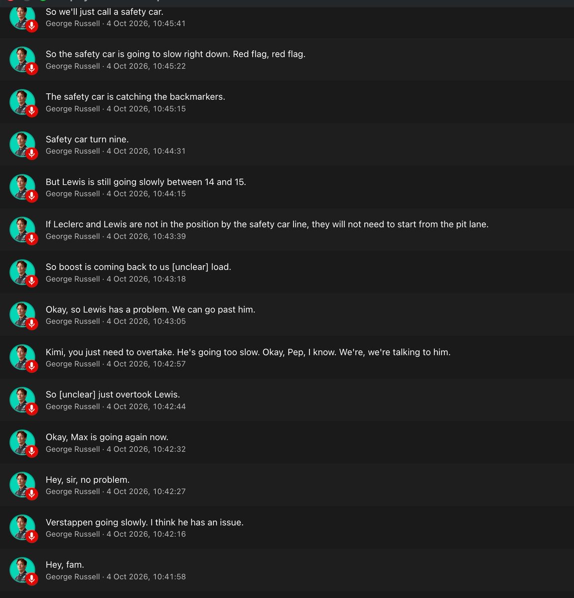 grdivasector's tweet photo. Since F1 apparently didn’t think any of George’s complaints about the car were worth showing on the broadcast, here you go. Sepang 2026 

“Deployment is terrible”

“Force going away with deployment. Engine 9”

“Low speed oversteer, high speed oversteer”

“Okay, but you’re telling me to push the tyres more in high speed. Let me know what you want.”

“Pressure’s not good”

“Check PU, something feels weird. Too much engine braking. PU hot. I think PU’s broken.”

a few seconds later:

“So stop and switch off”

But sure none of that was worth showing