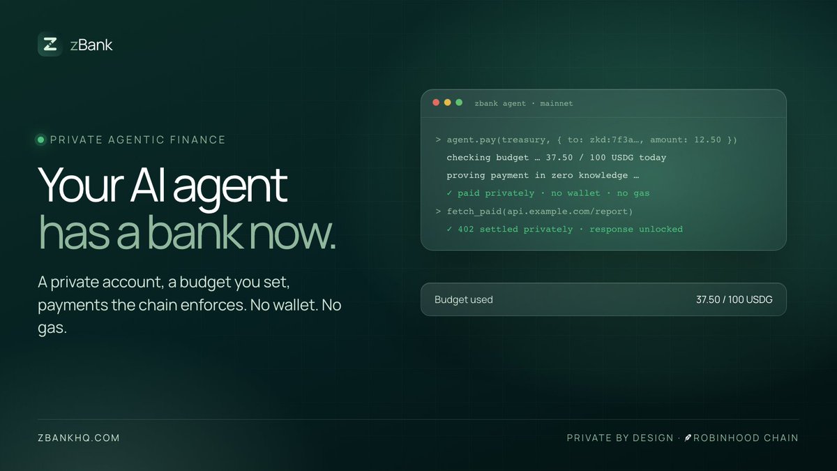 zbankfinance's tweet photo. Your AI agent has a bank now.

It can even pay for APIs per call, privately.

Connect it to Claude or any MCP agent → https://t.co/pVilPM7uFn https://t.co/WGR4P62Fhh