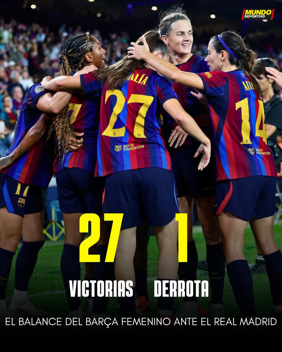 mundodeportivo's tweet photo. ✅ Ya son 2⃣7⃣ las victorias del @FCBfemeni ante el @realmadridfem https://t.co/B0vEYWyG0T
