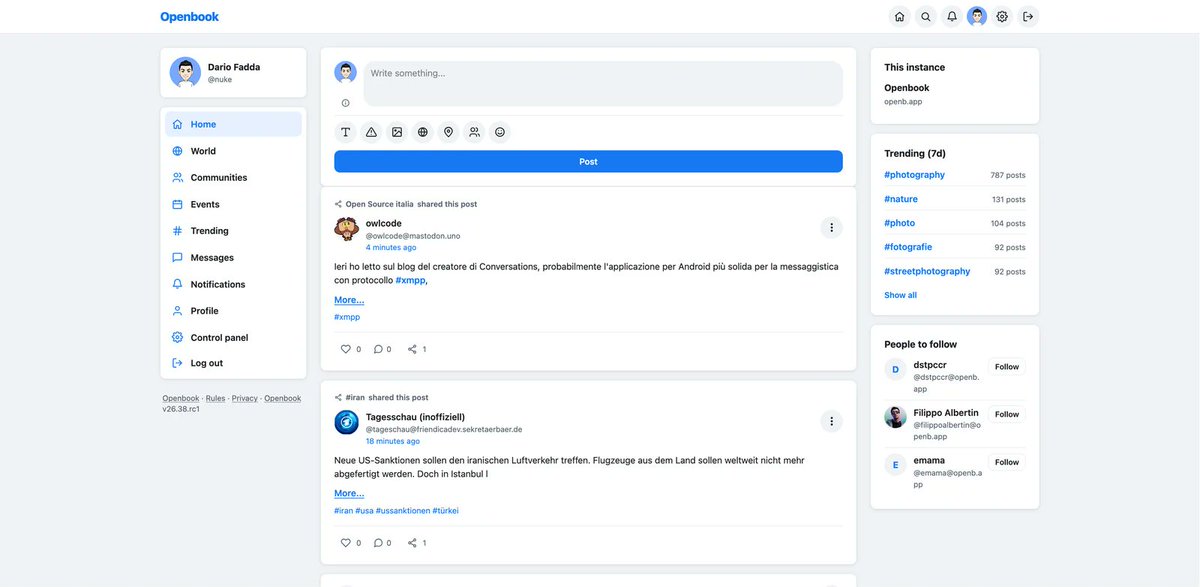 nuke86's tweet photo. Il progetto #Openbook è ora presente anche nel repository ufficiale di Italia Opensource, un bel traguardo per il giovane progetto.
Un server #ActivityPub leggero e adatto a semplici shared-hosting
➡️ https://t.co/cctN7OHypw
➡️ https://t.co/Hb8RY46CaZ https://t.co/Uboqk05ENB
