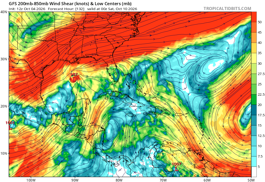 atmo_alex's tweet photo. Alright everyone, want to hear my honest opinion on that Gulf system? I don't think it will develop much at all. You've got 30 to 50 knots of wind shear to the north of it with high uncertainty that a tight, fully closed low even develops in the first place 🧵(1/2) #wxtwitter https://t.co/34pwlb7PfK