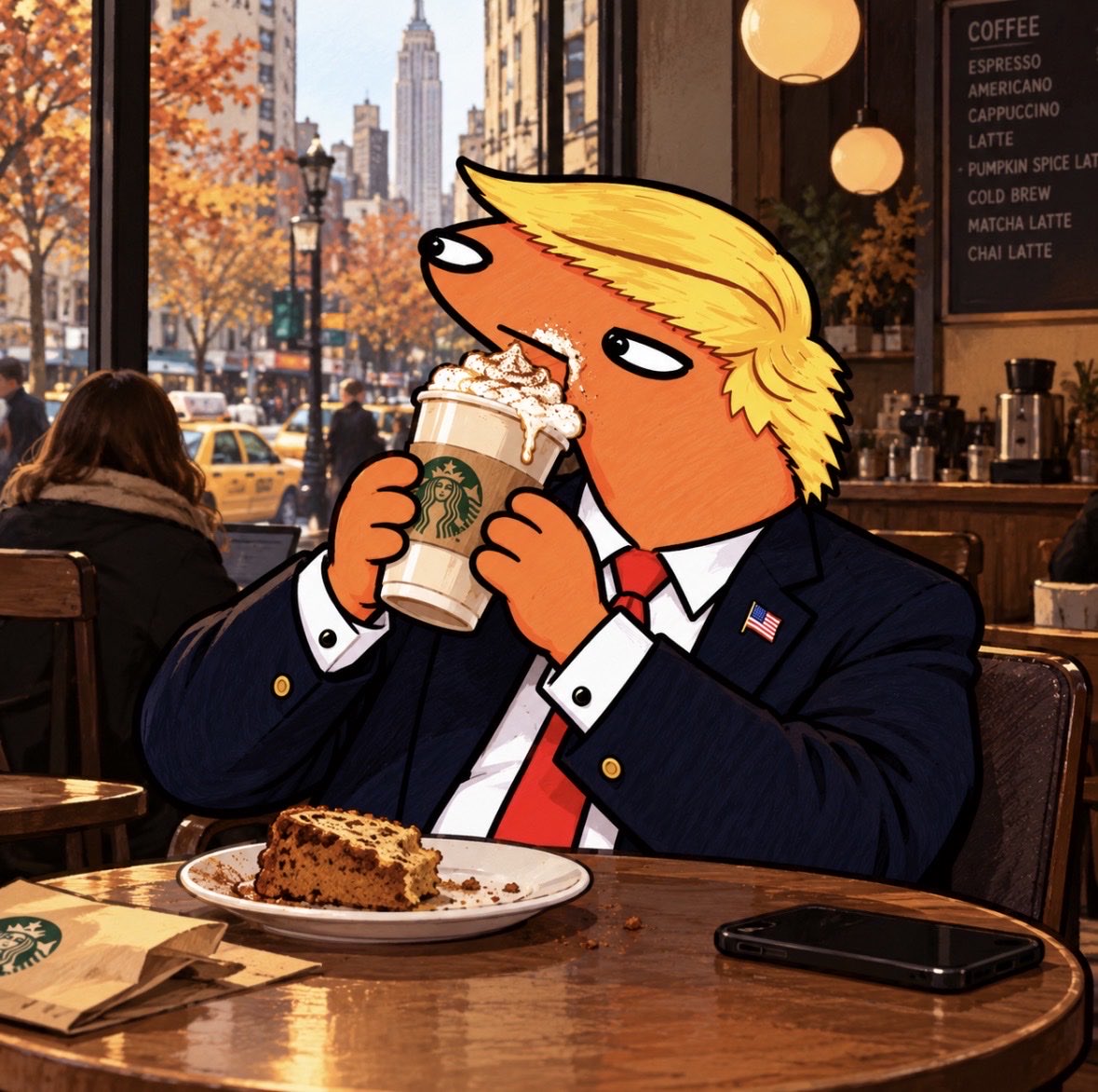 ElJay267's tweet photo. The $Potus enjoying his pumpkin spiced latte in NY 🍁 #autumnmaxxing https://t.co/PG9QKFROJx