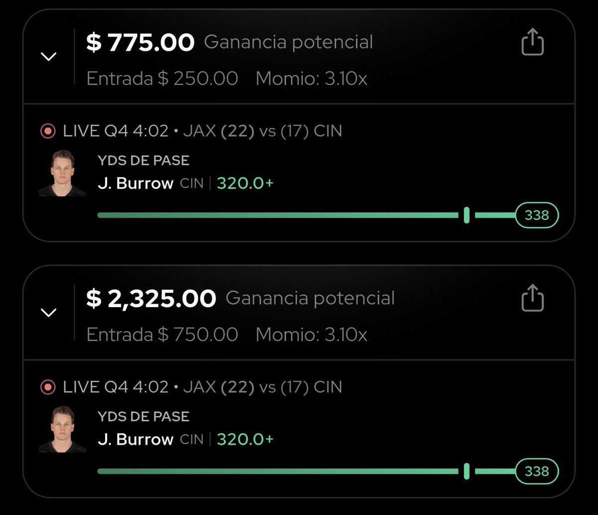 BernardoPicks's tweet photo. A cobrar el reto escalera de JOE BURROW en @Draftea_Mexico 🪜 ✅

-Over 259.5 yardas por pase (-145) ✅
-Over 269.5 yardas por pase (-125) ✅
-Over 299.5 yardas por pase (+147) ✅
-Over 319.5 yardas por pase (+210) ✅

Todo gratis en el grupo de telegram 🆓 💰 https://t.co/iSZZ7NT8b4