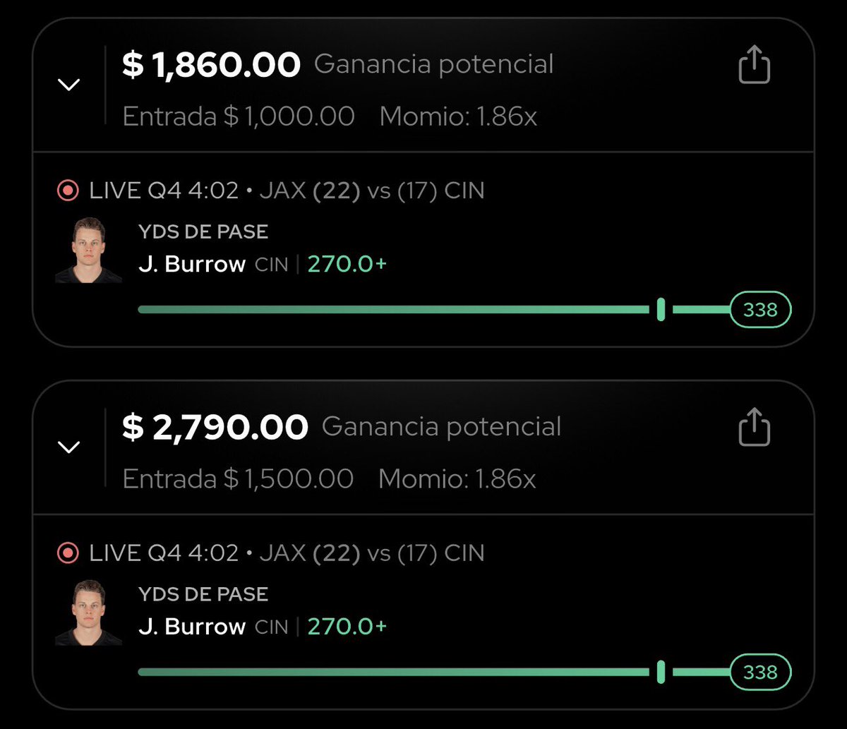 BernardoPicks's tweet photo. A cobrar el reto escalera de JOE BURROW en @Draftea_Mexico 🪜 ✅

-Over 259.5 yardas por pase (-145) ✅
-Over 269.5 yardas por pase (-125) ✅
-Over 299.5 yardas por pase (+147) ✅
-Over 319.5 yardas por pase (+210) ✅

Todo gratis en el grupo de telegram 🆓 💰 https://t.co/iSZZ7NT8b4