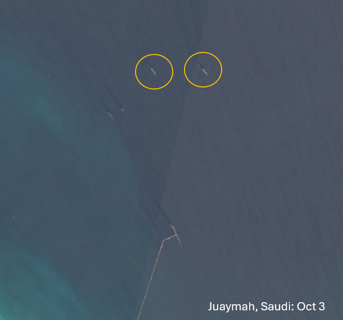 commoditycurate's tweet photo. 🇸🇦 - Saudi Persian Gulf loadings seen a little slower in recent imagery on October 3 - possibly signalling the pickup in East-West flows is preferable to running the Strait of Homruz guantlet, particulalry againist increased strikes.

#oott https://t.co/QrZbHS4TM2