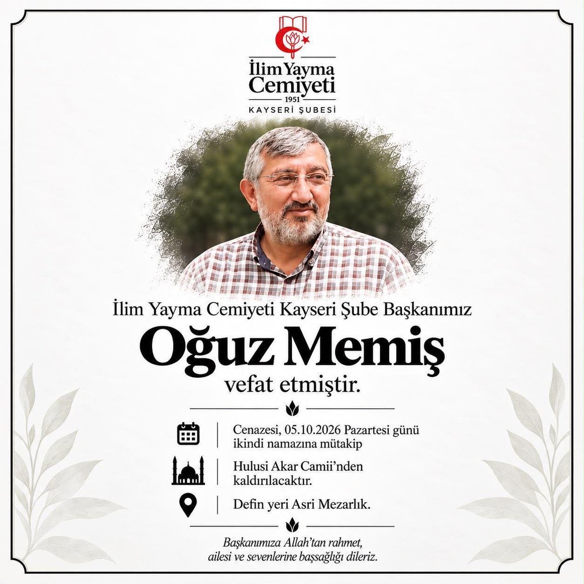 israfilkisla's tweet photo. İnnâ lillâhi ve innâ ileyhi râciûn.

​Ömrünü İslami faaliyetlere adamış, bir dava ve hizmet dertlisi, güzel insan, İlim Yayma Kayseri Şube Başkanımız Oğuz Memiş Ağabeyimizi kaybetmenin derin üzüntüsünü yaşıyoruz.

​Merhuma Allah’tan rahmet diliyorum, mekânı cennet olsun; ailesine, yakınlarına, sevenlerine ve İlim Yayma camiamıza başsağlığı ve sabır diliyorum.